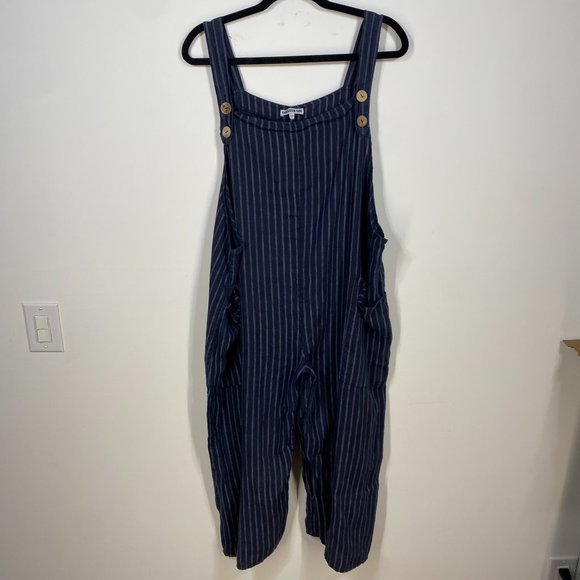Couleur Lin Pants - Couleur Lin Linen Blue stripped Jumpsuit cropped Overalls , European Size 50